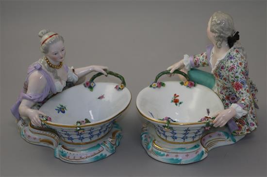 A pair of Meissen figural sweetmeat dishes, 19th century, length approx. 28cm, both with losses and slight restorations